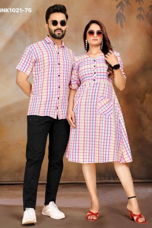 New Elegance Dressing Trend Cotton Couple Mens Shirt & Female Tunic Combo with Bubble Weaving