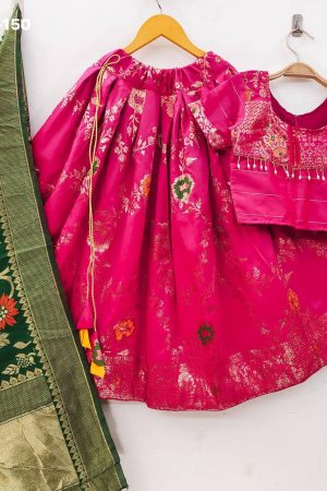 Amazing Color Banarasi Silk with Zari Pattern & Lace Work Kids Lehenga-Choli & Dupatta Set