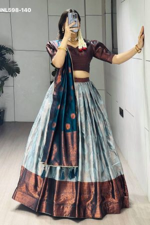 Indian Traditional Silk with Zari Weaving with Contrast Border Work Lehenga-Choli-Dupatta Set