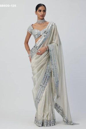 Party Wear Designer Fancy Satin with Embroidery Mirror work Saree-Blouse Set