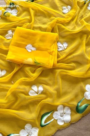 Elegant Look Modern Design Chiffon with Khatli & Cutwork- Handwork Saree-Blouse Set Haldi Saree