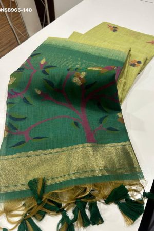 Indian Export Quality Soft Muga Cotton with Colorful Resham Weaving Jamdani Pallu Saree-Blouse