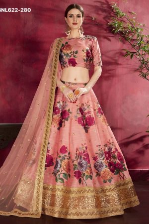 Amazing Color Art Silk with Floral Print-Zari-Sequins Embroidery-Pearl work Peach Lehenga-Choli Set