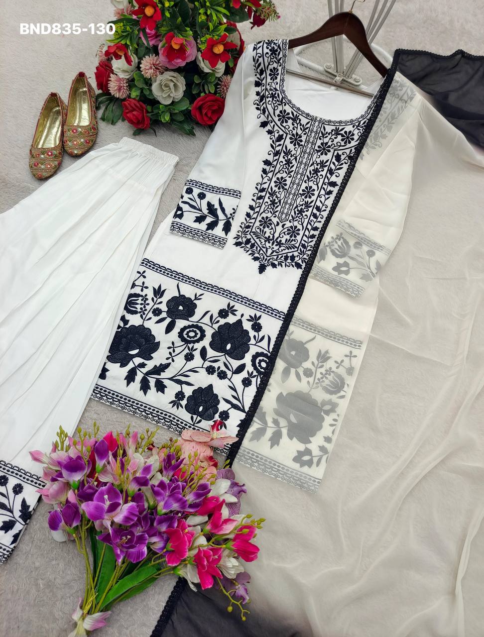 High Quality Latest Designer Crepe with Embroidered work Farshi Plazzo- Kurta & Dupatta Set - Image 2