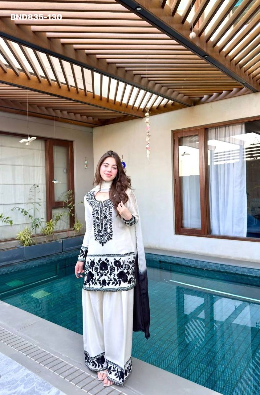 High Quality Latest Designer Crepe with Embroidered work Farshi Plazzo- Kurta & Dupatta Set - Image 15