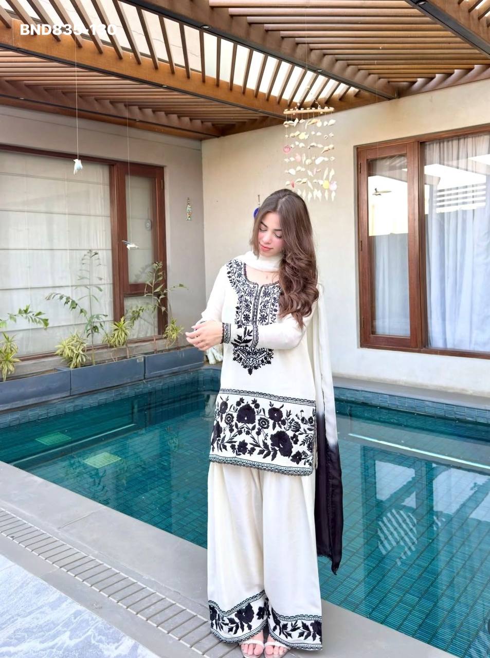 High Quality Latest Designer Crepe with Embroidered work Farshi Plazzo- Kurta & Dupatta Set - Image 14