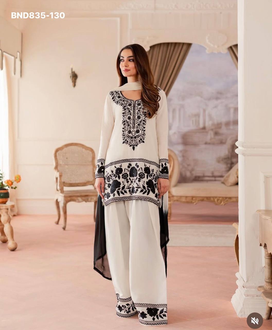 High Quality Latest Designer Crepe with Embroidered work Farshi Plazzo- Kurta & Dupatta Set - Image 11
