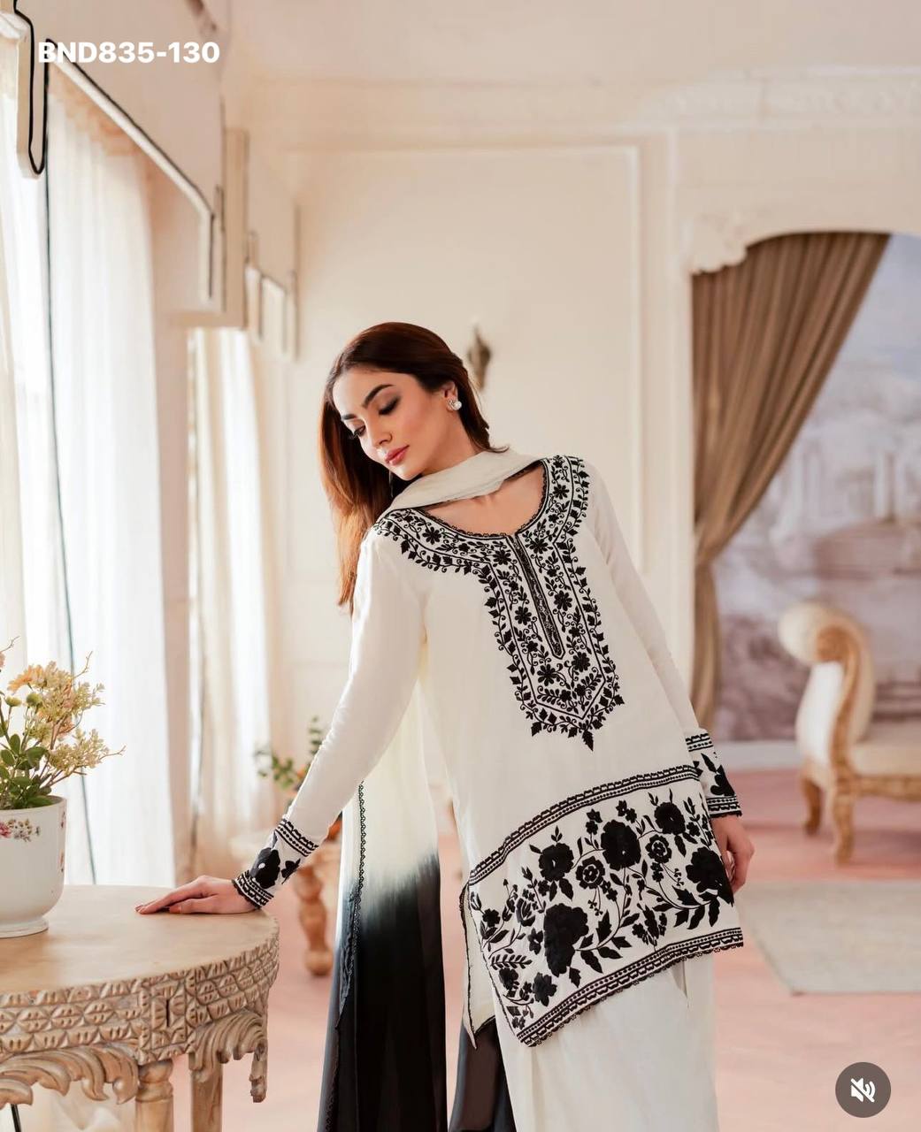 High Quality Latest Designer Crepe with Embroidered work Farshi Plazzo- Kurta & Dupatta Set - Image 10