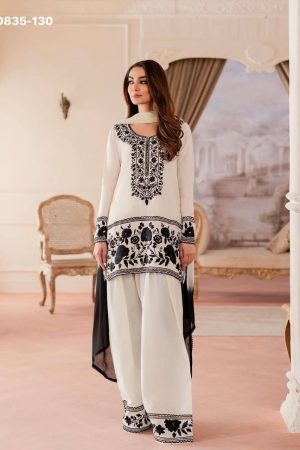 High Quality Latest Designer Crepe with Embroidered work Farshi Plazzo- Kurta & Dupatta Set
