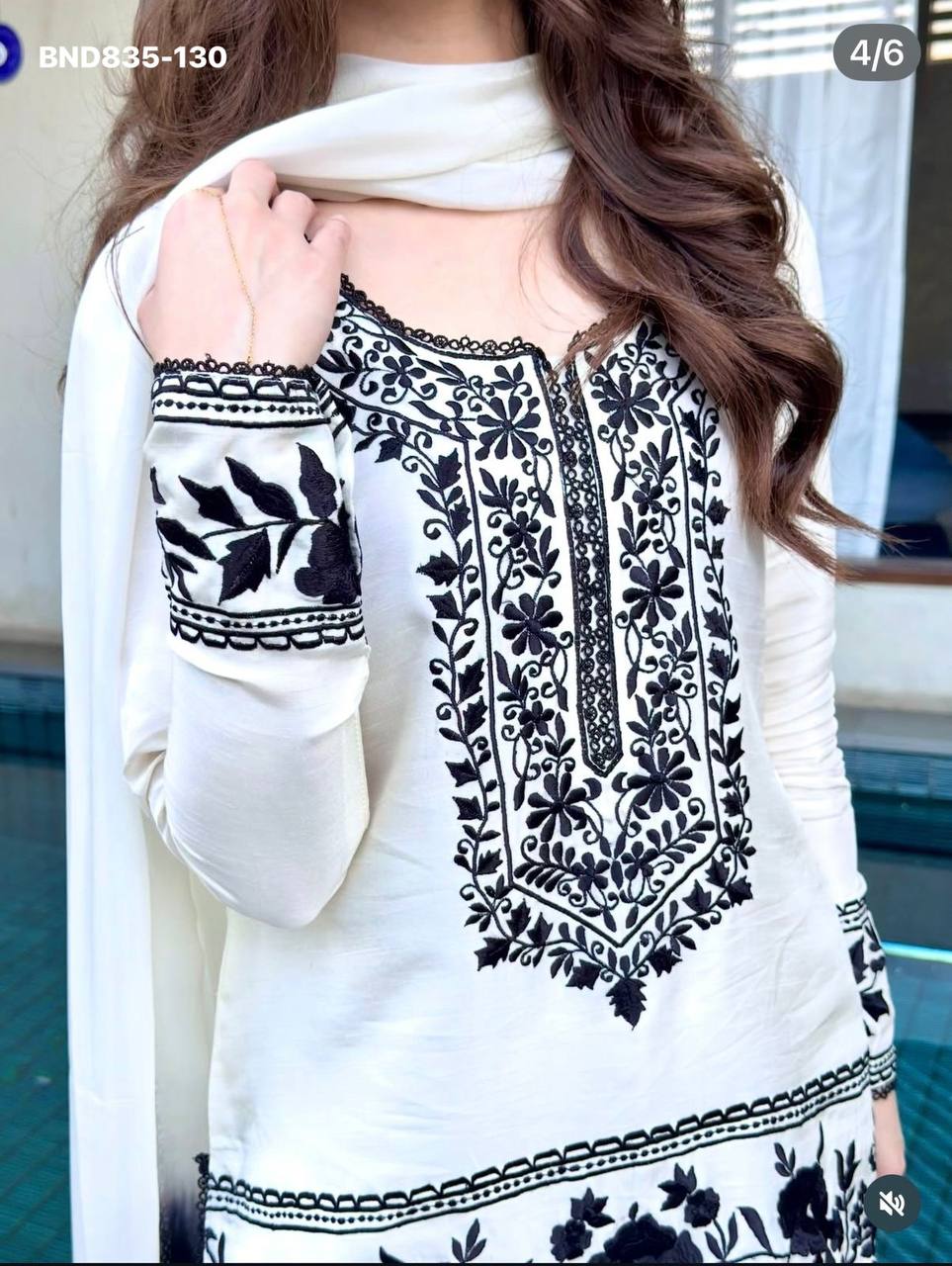 High Quality Latest Designer Crepe with Embroidered work Farshi Plazzo- Kurta & Dupatta Set - Image 7