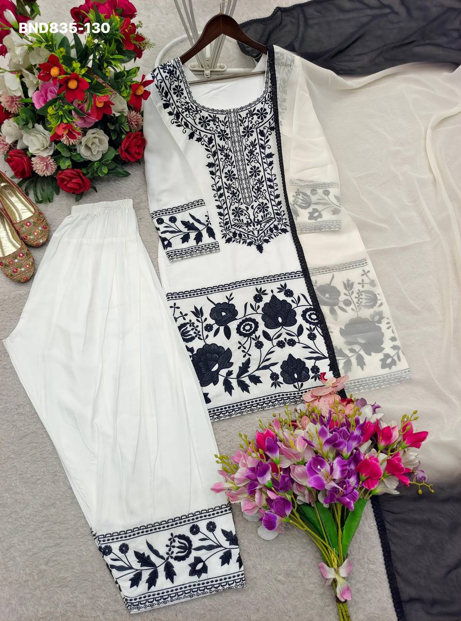 High Quality Latest Designer Crepe with Embroidered work Farshi Plazzo- Kurta & Dupatta Set - Image 6