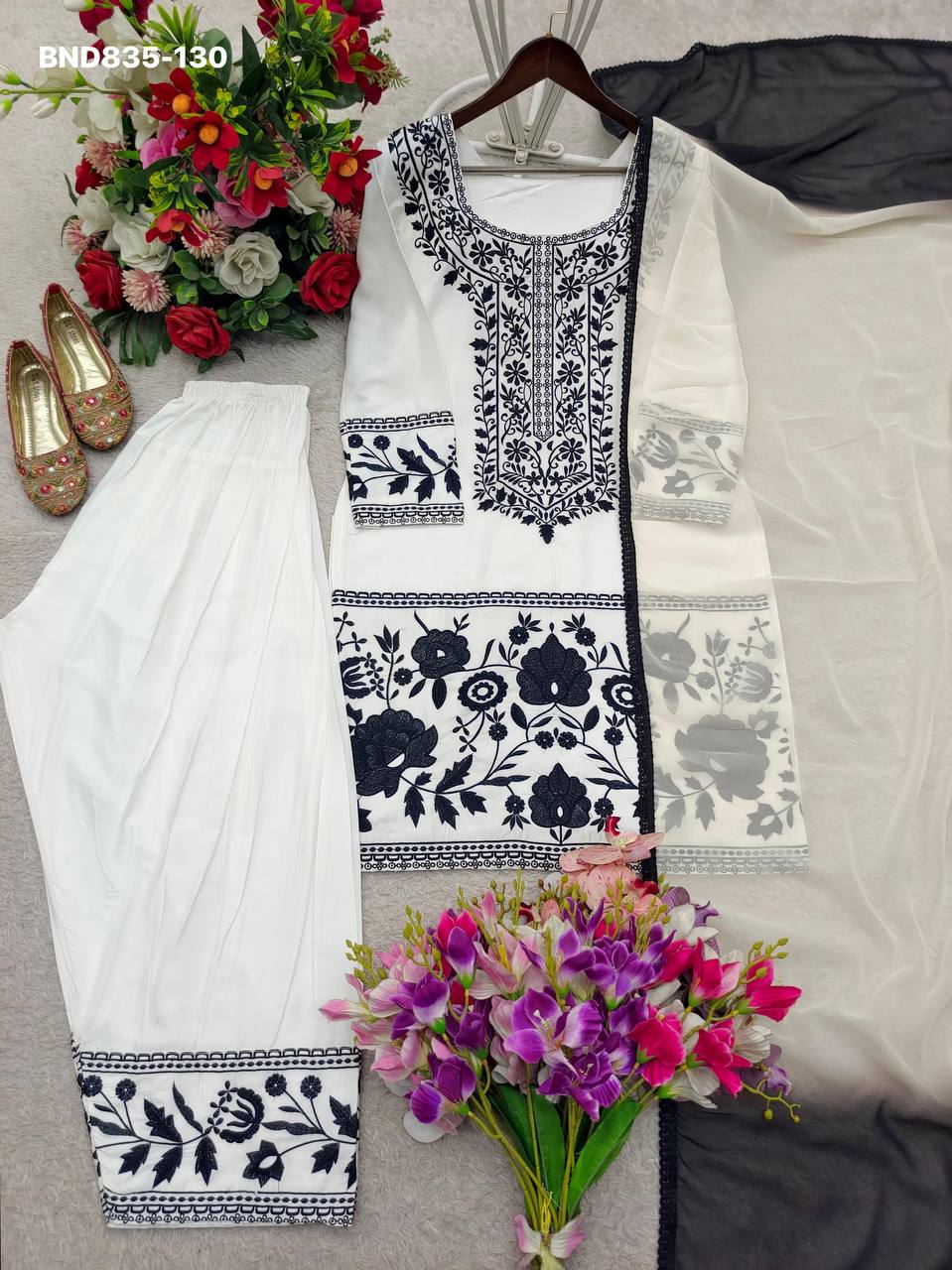 High Quality Latest Designer Crepe with Embroidered work Farshi Plazzo- Kurta & Dupatta Set - Image 5