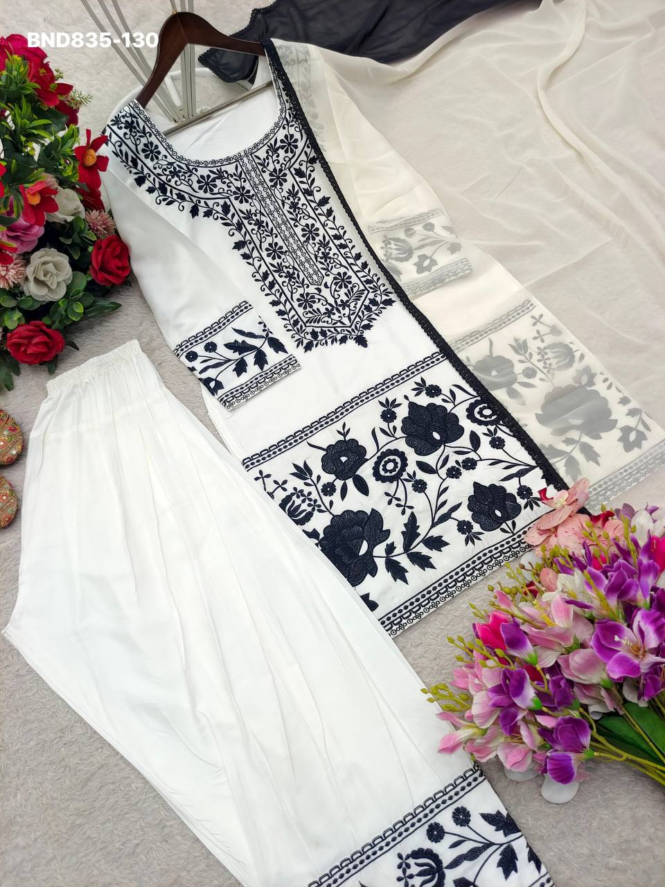 High Quality Latest Designer Crepe with Embroidered work Farshi Plazzo- Kurta & Dupatta Set - Image 4