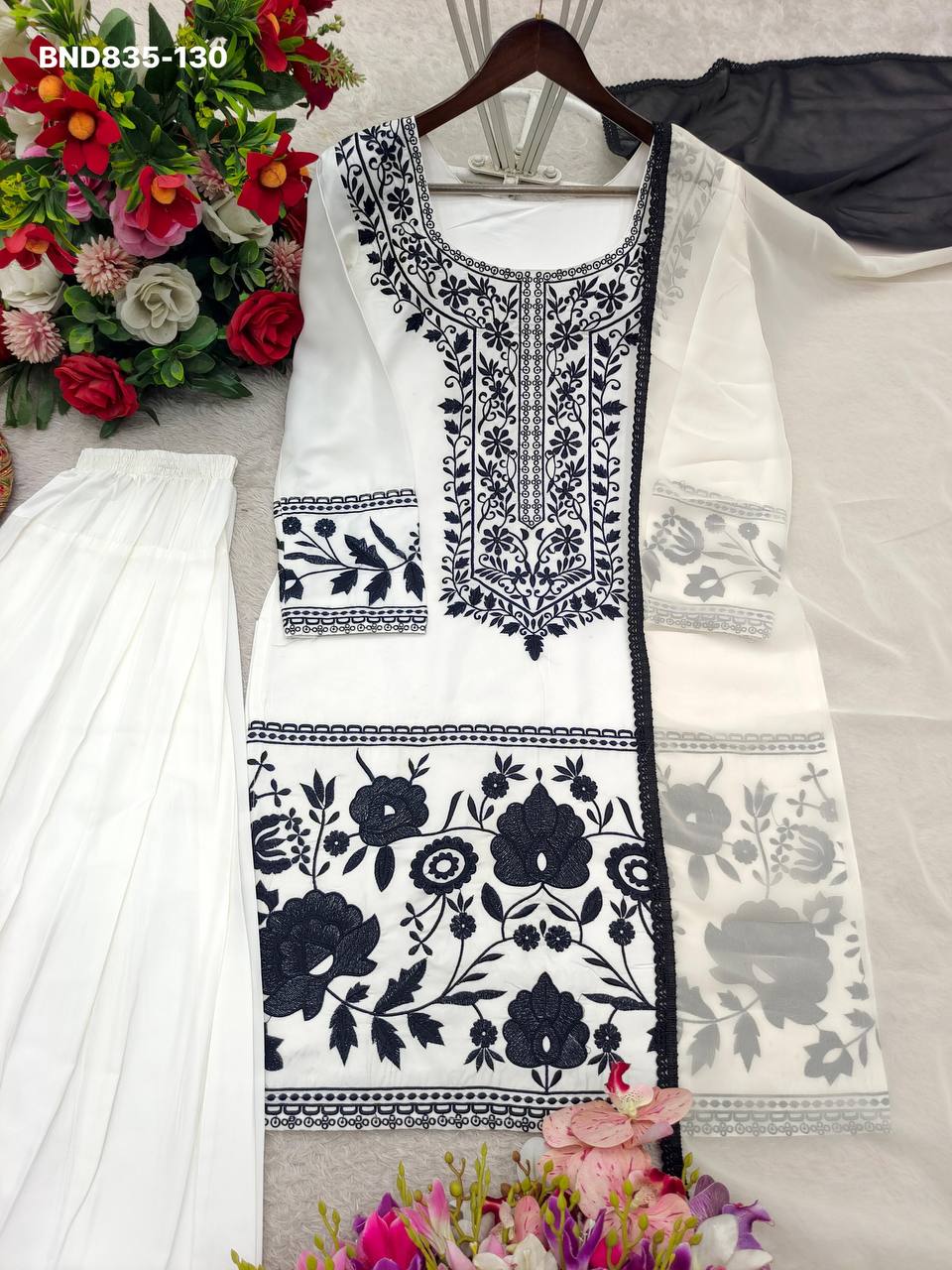 High Quality Latest Designer Crepe with Embroidered work Farshi Plazzo- Kurta & Dupatta Set - Image 3