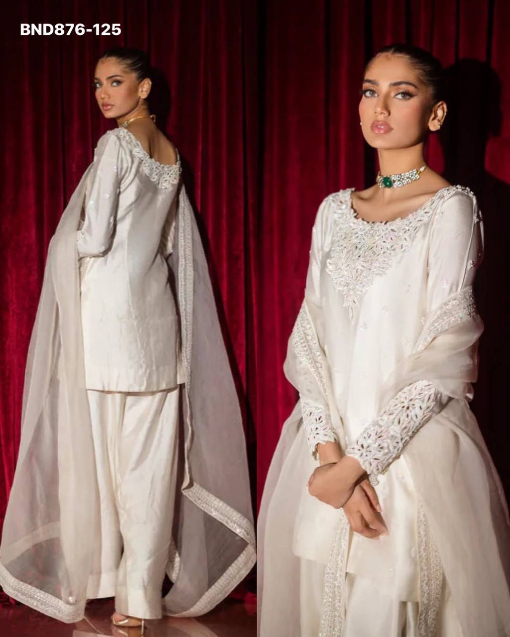 Fashionable Top Quality Crepe with Thread with Sequence work Farshi Salwaar-Suit & Dupatta Set - Image 4