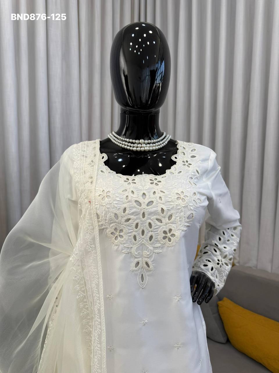 Fashionable Top Quality Crepe with Thread with Sequence work Farshi Salwaar-Suit & Dupatta Set - Image 9