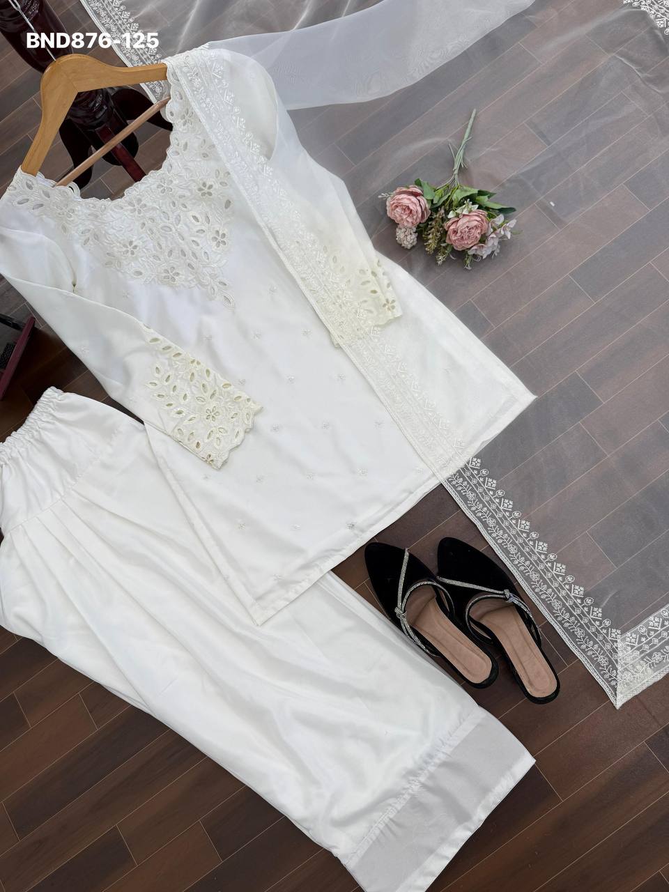 Fashionable Top Quality Crepe with Thread with Sequence work Farshi Salwaar-Suit & Dupatta Set - Image 15