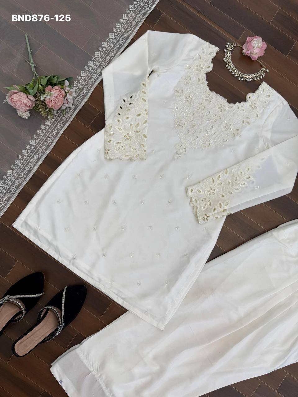 Fashionable Top Quality Crepe with Thread with Sequence work Farshi Salwaar-Suit & Dupatta Set - Image 16