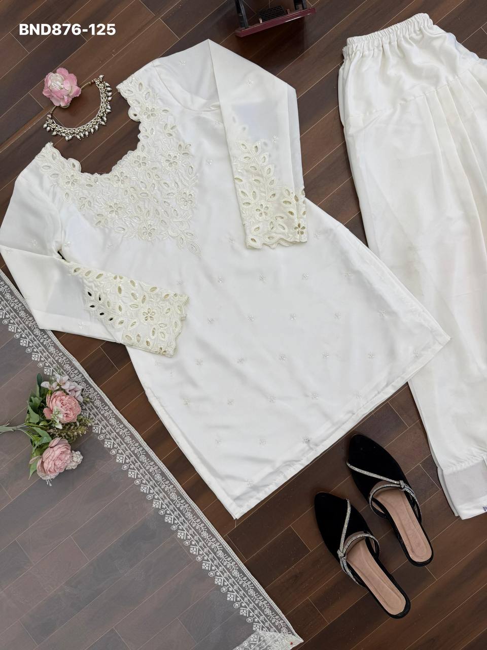 Fashionable Top Quality Crepe with Thread with Sequence work Farshi Salwaar-Suit & Dupatta Set - Image 17