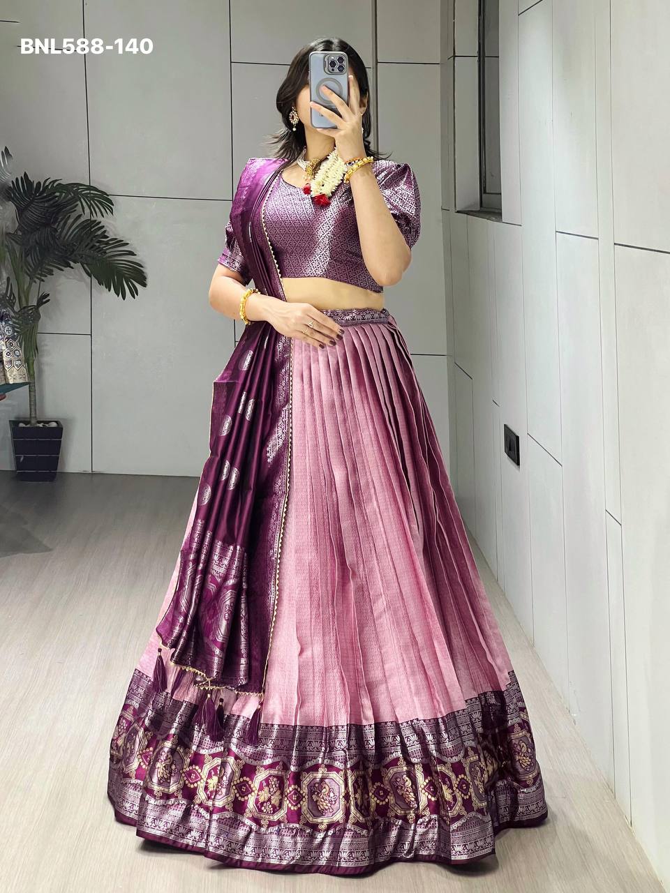 Indian Traditional Best Quality Silk with Zari Weaving work Lehenga-Blouse & Dupatta Set - Image 3