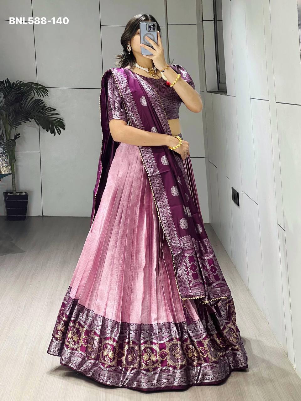 Indian Traditional Best Quality Silk with Zari Weaving work Lehenga-Blouse & Dupatta Set - Image 4