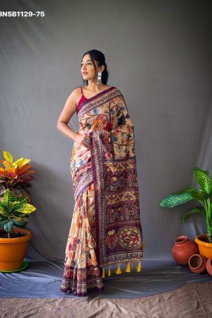 Beautiful Excellent Quality Cotton with Kalamkari Digital Print & Tassels Saree-Blouse Collection