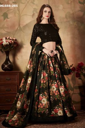 Top Quality Organza with Floral Print & Dori-Zari-Sequins Embroidered Black Lehenga-Choli