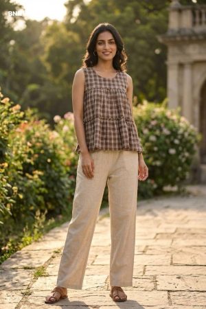 Modern Design Linen Cotton with Printed Design Sleeveless Peplum Top-Pocket Pant Collection