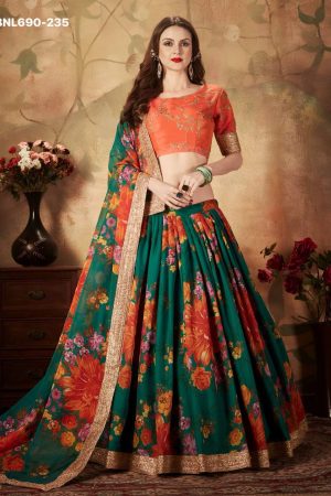 Premium Quality Organza with Floral Digital Print- Dori & Sequins Embroidered Lehenga-Choli