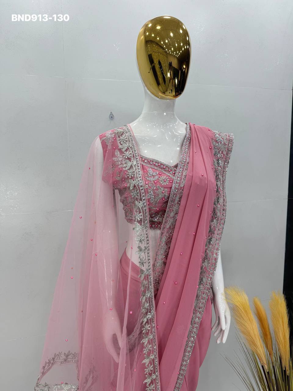 Beautiful Designer Faux Georgette with Chine Sequence & Pearl Hand-work Saree-Blouse with Dupatta - Image 9