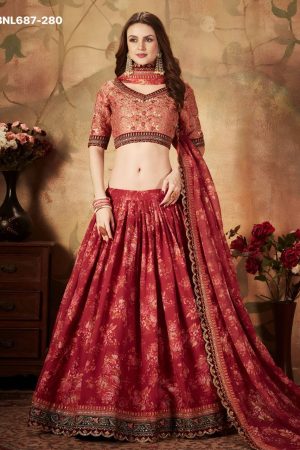 Top Quality Organza Floral Digital Print-Dori-Zari-Resham & Sequins Embroidery Red Lehenga-Choli