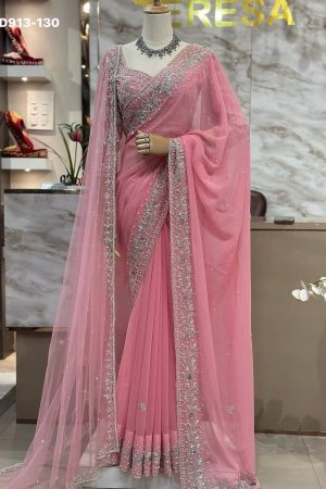 Beautiful Designer Faux Georgette with Chine Sequence & Pearl Hand-work Saree-Blouse with Dupatta