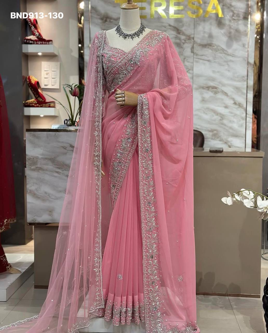 Beautiful Designer Faux Georgette with Chine Sequence & Pearl Hand-work Saree-Blouse with Dupatta