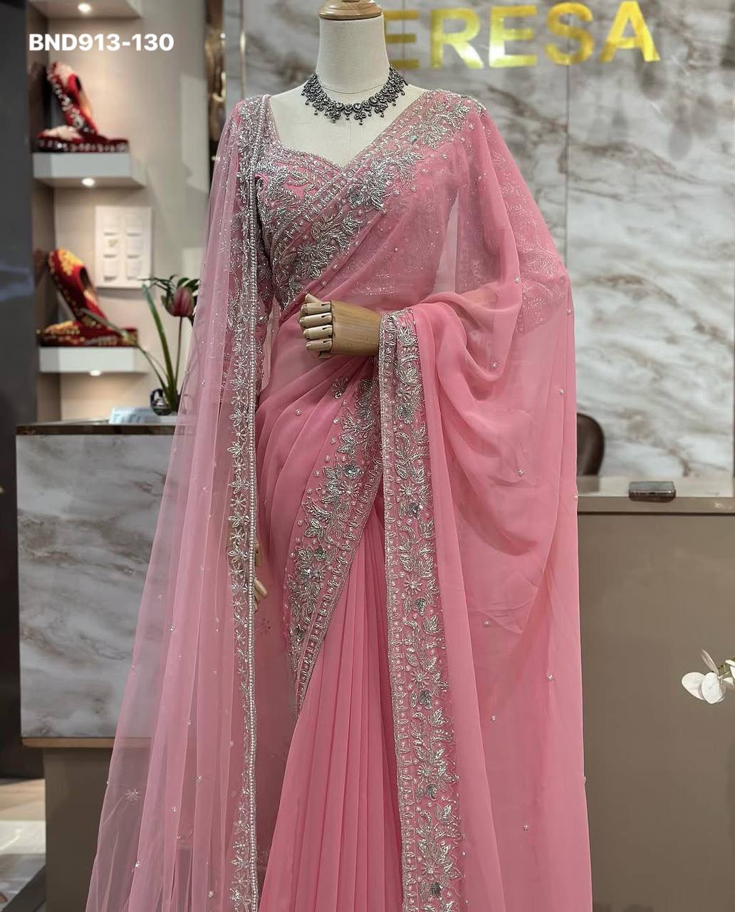 Beautiful Designer Faux Georgette with Chine Sequence & Pearl Hand-work Saree-Blouse with Dupatta - Image 3