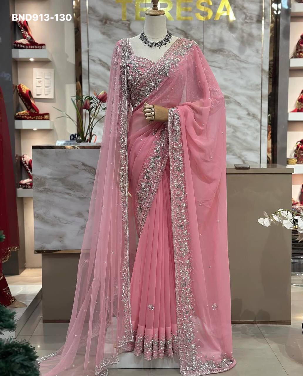 Beautiful Designer Faux Georgette with Chine Sequence & Pearl Hand-work Saree-Blouse with Dupatta - Image 4