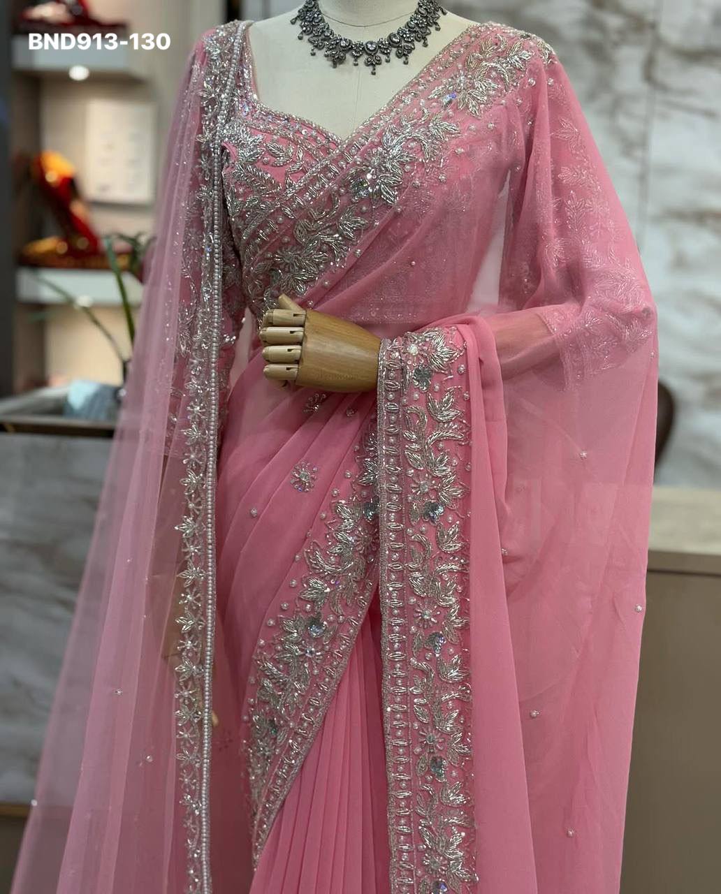 Beautiful Designer Faux Georgette with Chine Sequence & Pearl Hand-work Saree-Blouse with Dupatta - Image 6