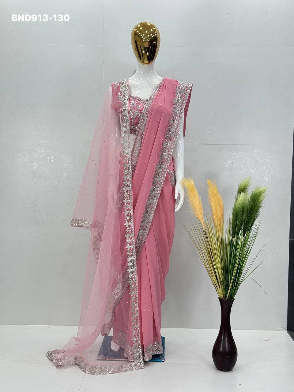 Beautiful Designer Faux Georgette with Chine Sequence & Pearl Hand-work Saree-Blouse with Dupatta - Image 7