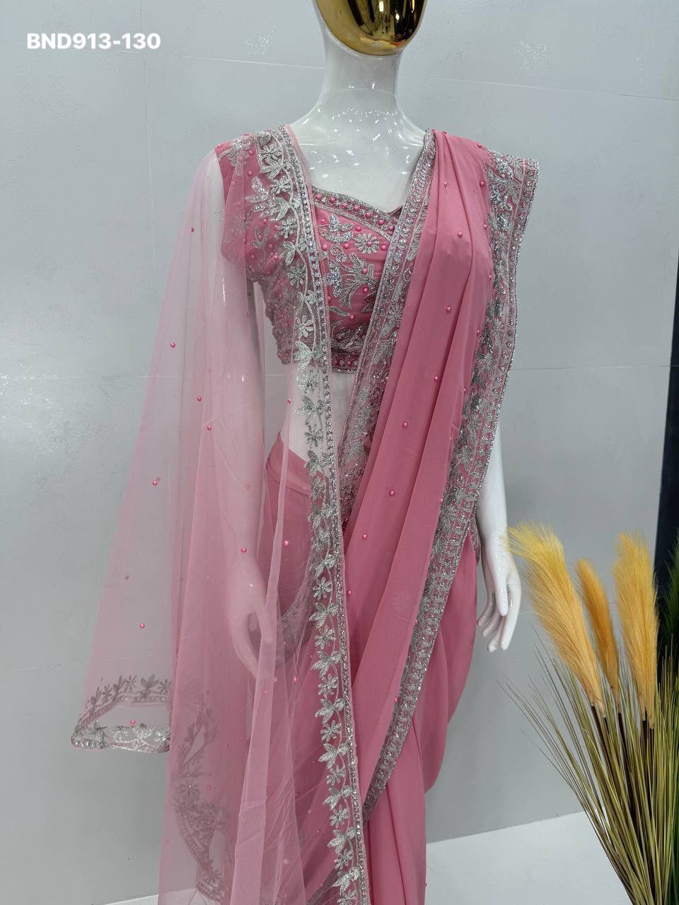 Beautiful Designer Faux Georgette with Chine Sequence & Pearl Hand-work Saree-Blouse with Dupatta - Image 8