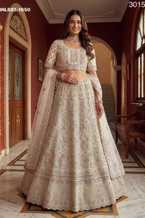 Wedding wear Bridal Net with Chapat Zari-Embroidered-Dori-Sequin-Zircon Diamond work Bridal Lehenga