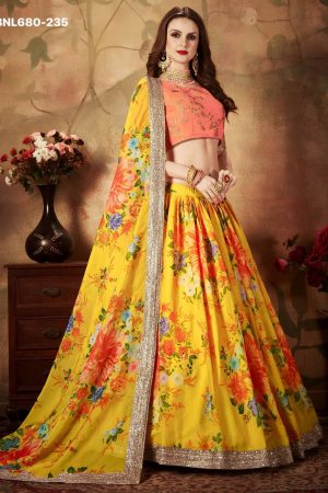 Beautiful Organza with Floral Print & Dori-Sequins Embroidered Yellow Lehenga with Blouse-Dupatta