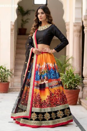 Best Fabric Art Silk with Digital Print & Embroidered with Dori-Sequins work Lehenga-Velvet Choli