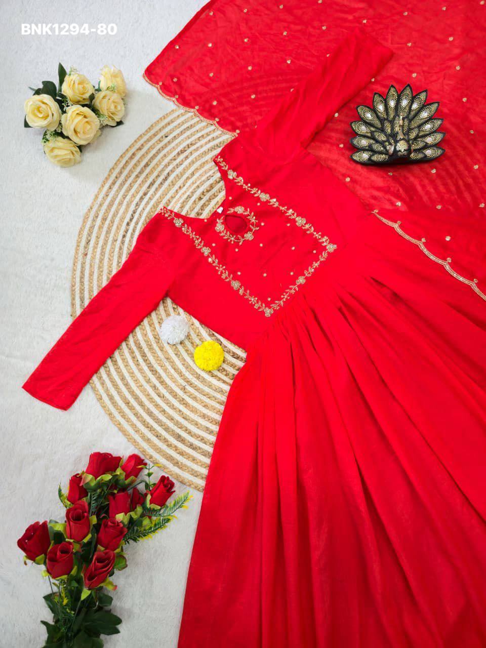 Top Quality Ethnic Clothing Vichitra Silk Maggam Hand-work Gown with Sequence-Cut work Dupatta - Image 3