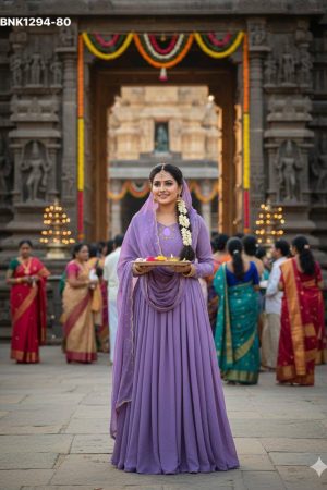 Top Quality Ethnic Clothing Vichitra Silk Maggam Hand-work Gown with Sequence-Cut work Dupatta