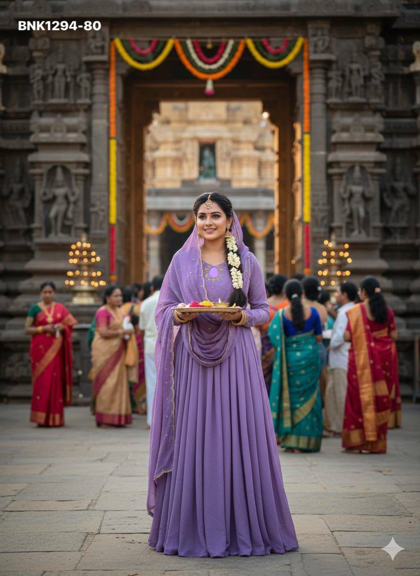 Top Quality Ethnic Clothing Vichitra Silk Maggam Hand-work Gown with Sequence-Cut work Dupatta