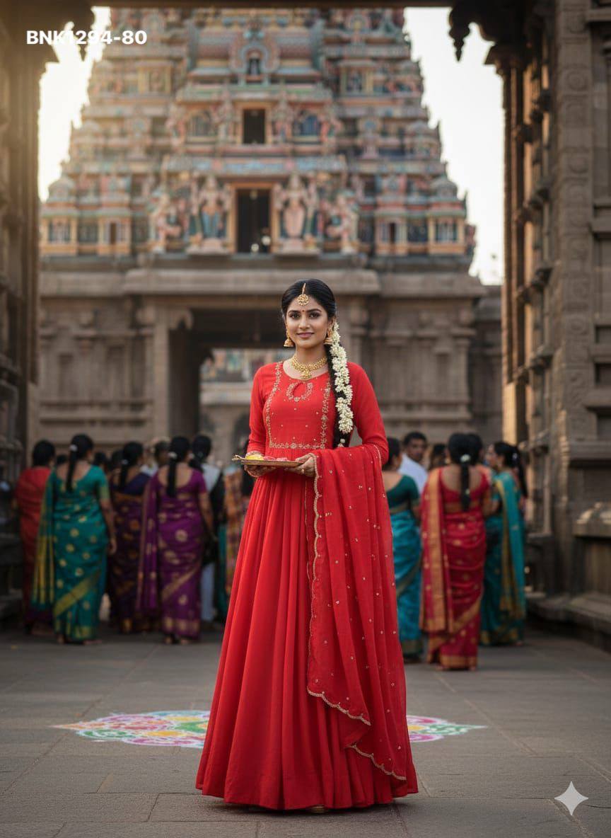 Top Quality Ethnic Clothing Vichitra Silk Maggam Hand-work Gown with Sequence-Cut work Dupatta - Image 6