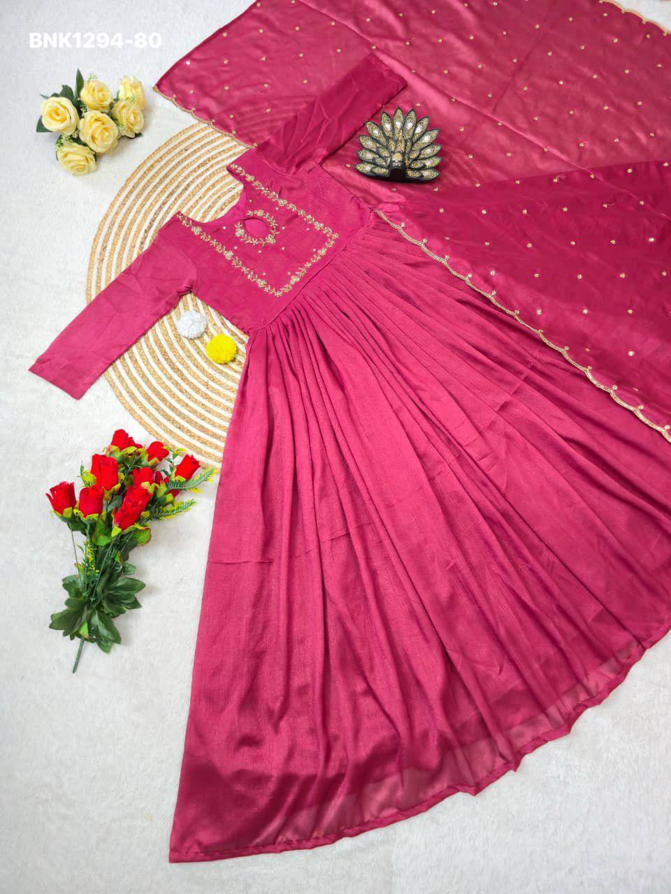 Top Quality Ethnic Clothing Vichitra Silk Maggam Hand-work Gown with Sequence-Cut work Dupatta - Image 7