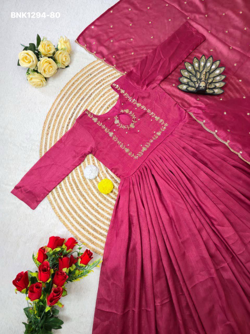 Top Quality Ethnic Clothing Vichitra Silk Maggam Hand-work Gown with Sequence-Cut work Dupatta - Image 8