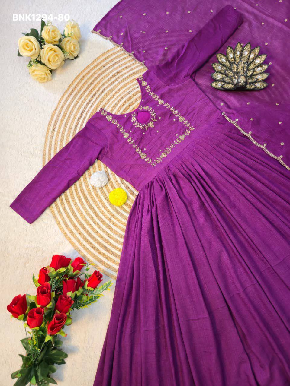 Top Quality Ethnic Clothing Vichitra Silk Maggam Hand-work Gown with Sequence-Cut work Dupatta - Image 10