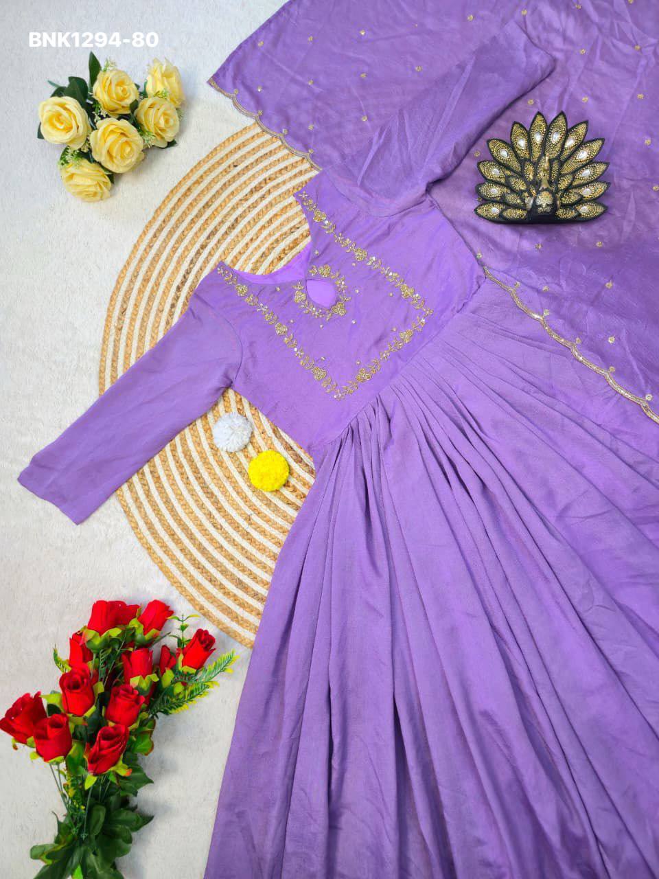 Top Quality Ethnic Clothing Vichitra Silk Maggam Hand-work Gown with Sequence-Cut work Dupatta - Image 11