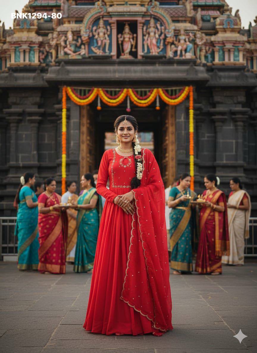 Top Quality Ethnic Clothing Vichitra Silk Maggam Hand-work Gown with Sequence-Cut work Dupatta - Image 12